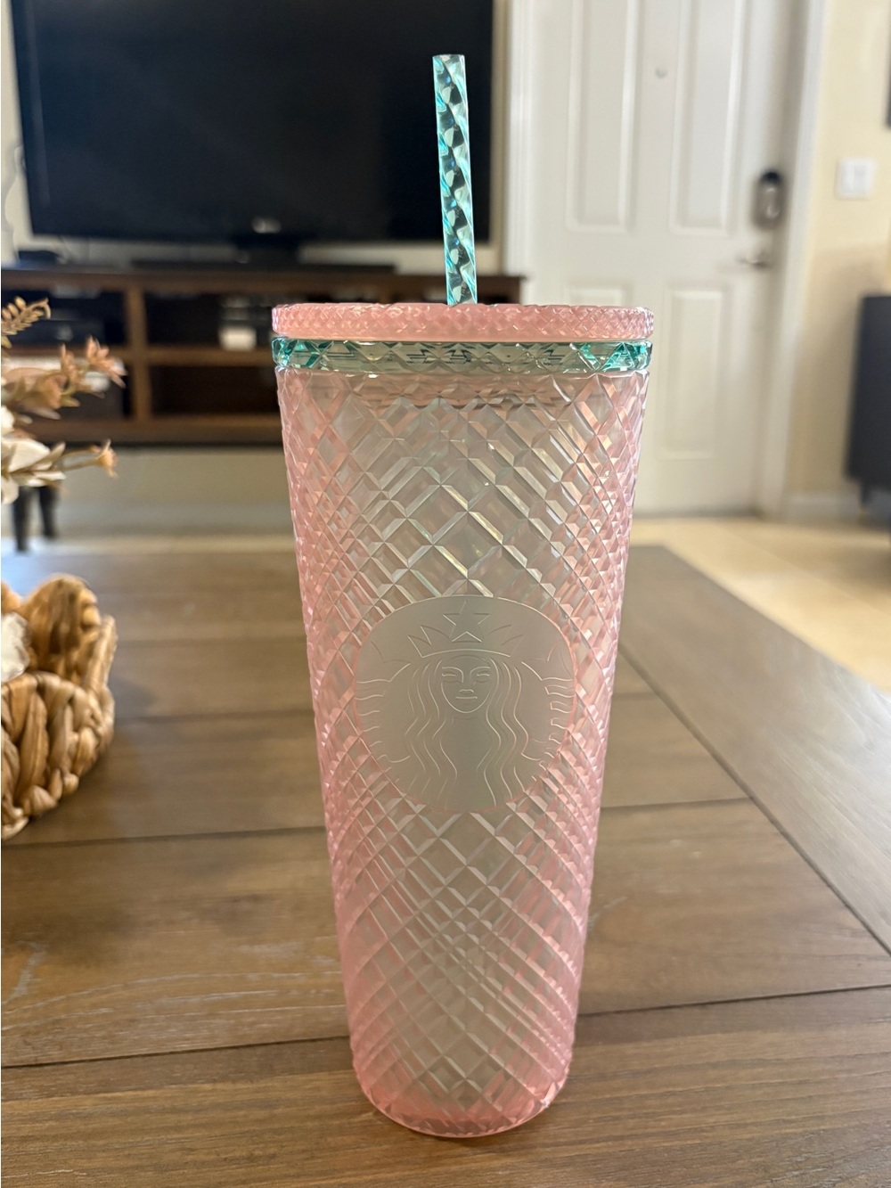 Retired Starbucks 2023 Summer Jeweled Pearl Pink & Green Venti Cold Cup Tumbler